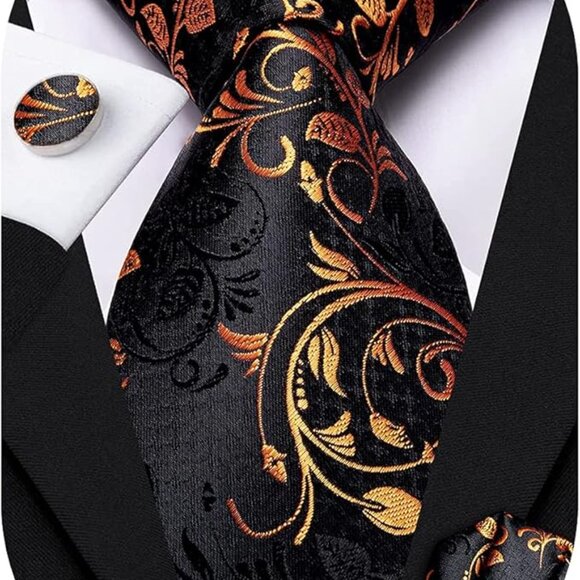 Silk Paisley Necktie and Pocket Square Cufflinks Set Orange Black - Picture 2 of 6